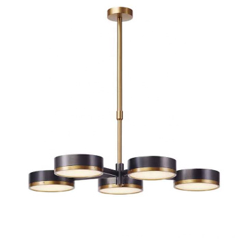 Candeeiro pendente lustre LED redondo com 5 lâmpadas de ouro e metal preto de design moderno